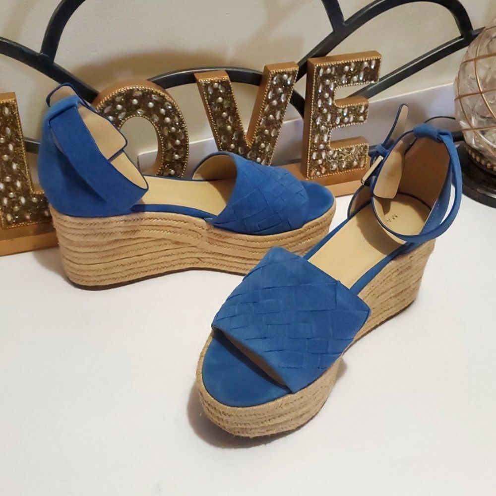 Marc Fisher Varin Blue Suede Woven Wedge Espadrille Sandals Sz 9.5 Cottagecore - Picture 8 of 12